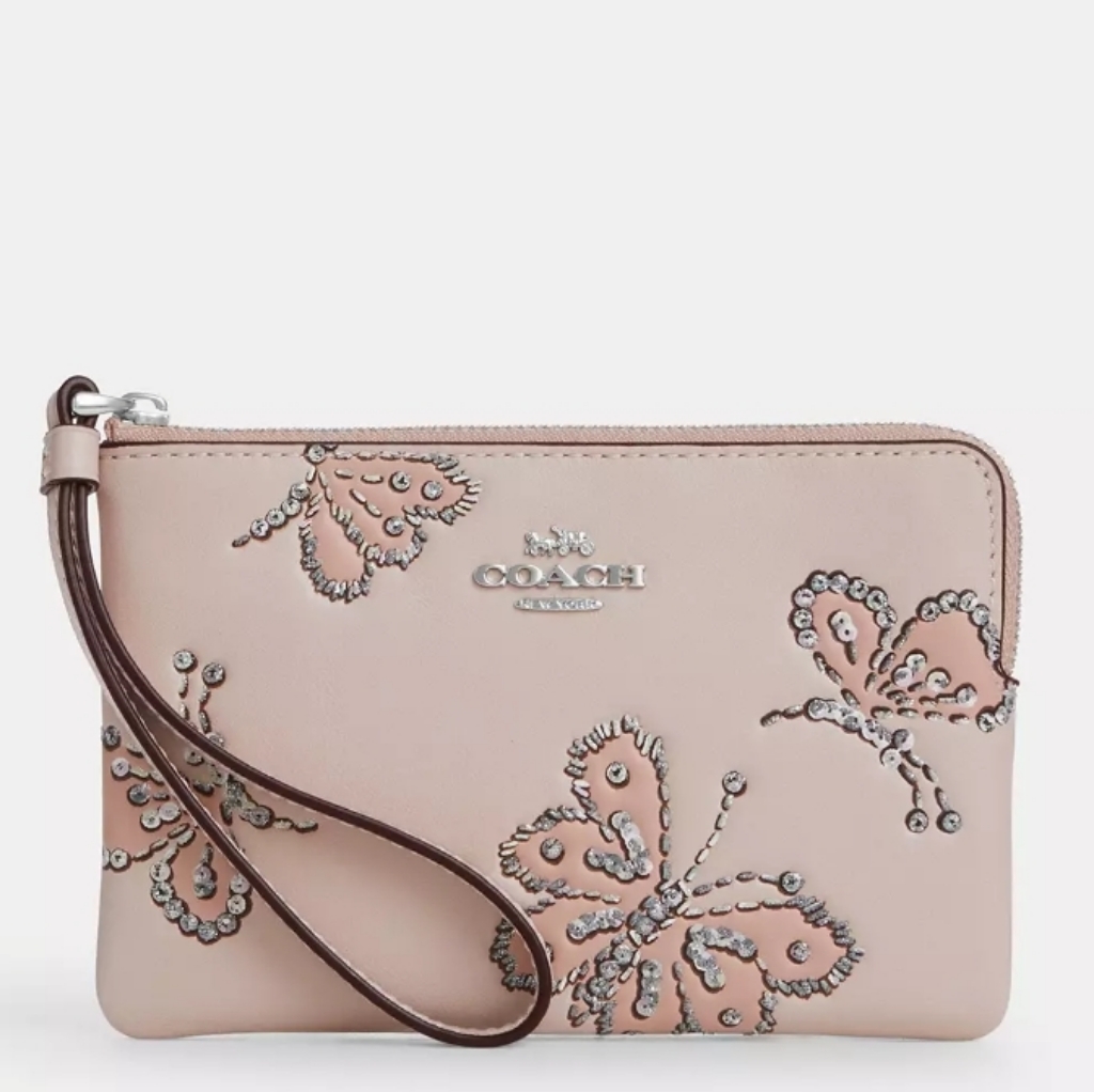 Corner Zip Wristlet With Sparkly Butterfly Print